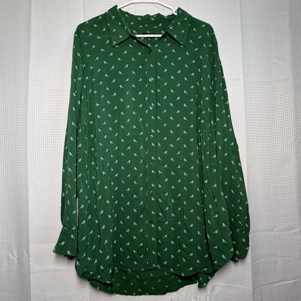 Talbots Button Down Shirt 2X Green Bird Print Roll Tab Sleeve Rayon Tunic